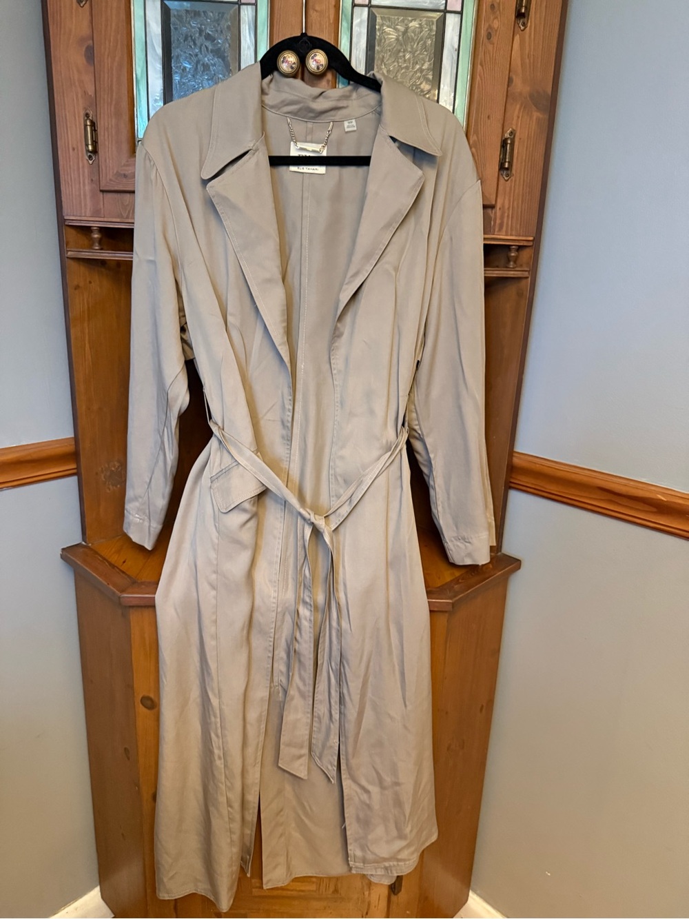 Elie Tahari Flowy 100% Lyocell Trench Coat Khaki Beige Medium